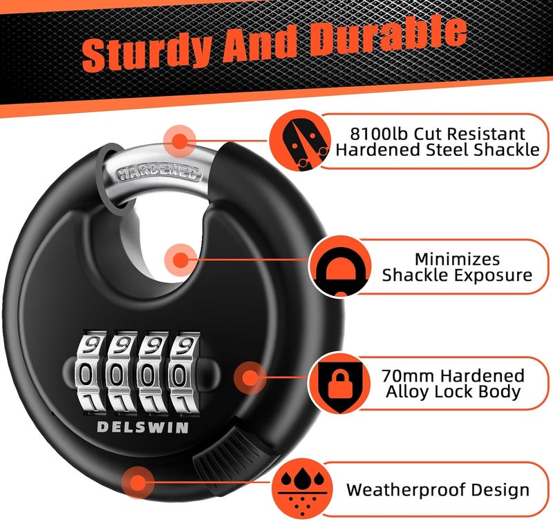 DELSWIN 4-Digit Disc Combination Lock Outdoor - Heavy Duty Combination Padlocks with Hardened Steel Shackle Weatherproof Combo Locks for Gates,Sheds,Fence,Storage Unit (3/8" Shackle, Black and Red) - Image 4
